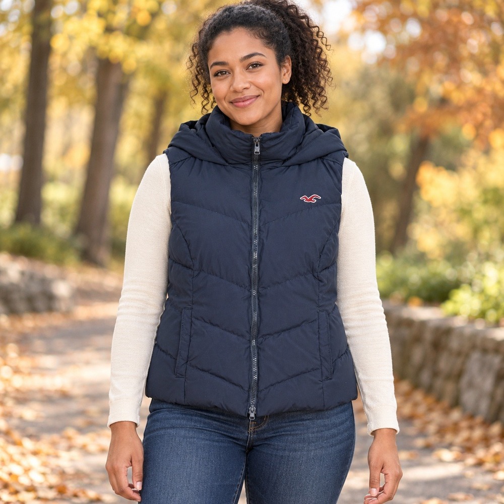 Hollister Womens L Hooded Down Puffer Vest Navy Blue Lime Green Lined